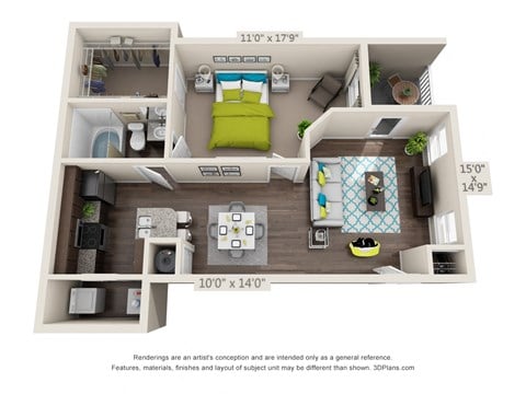 Floor plan for 1 bed, 1 bath, 822 sqft